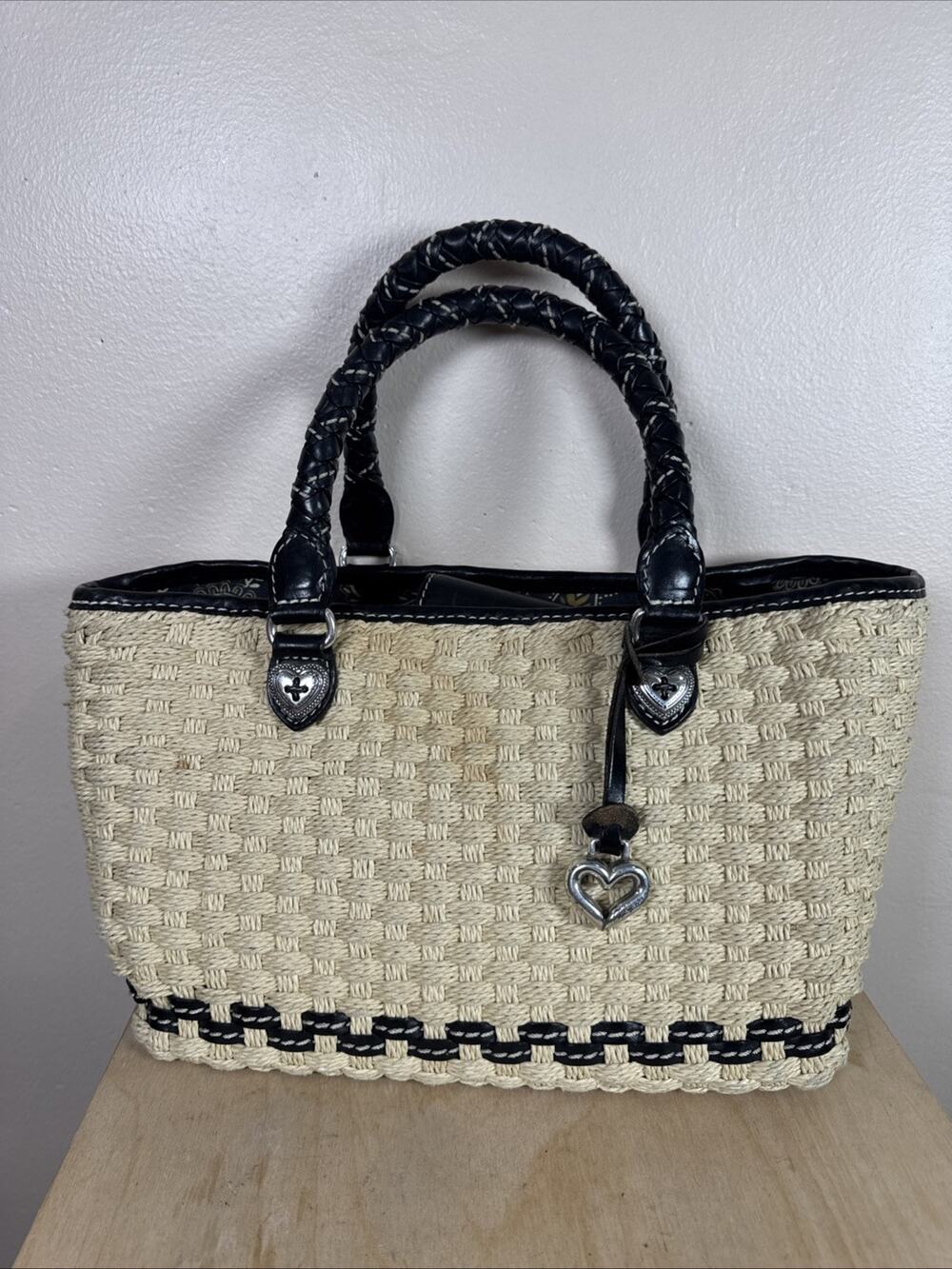 BRIGHTON Vintage Peggy Woven Jute Straw Braided Leather Tote Satchel Bag